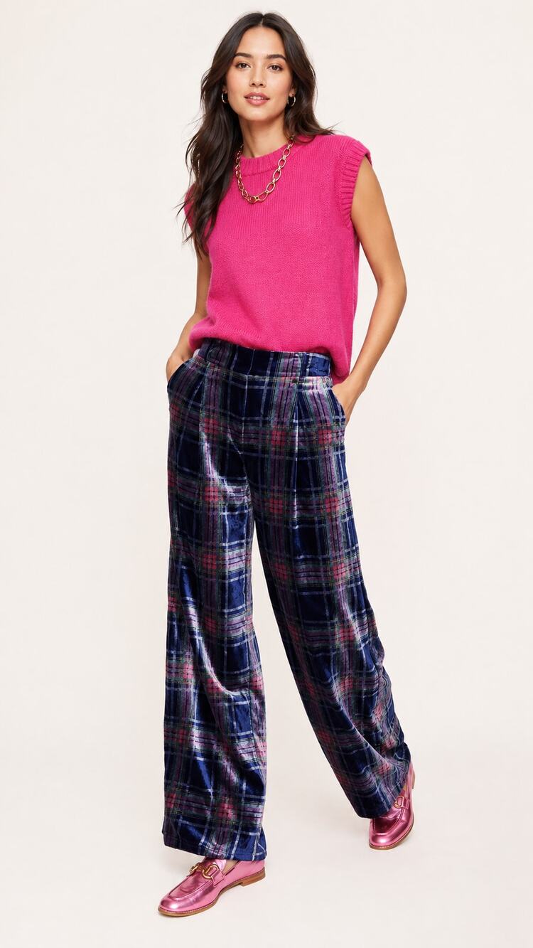 Boden Chiswick Velvet Trousers Navy Plaid Wide Leg Pants Womens Size 10L New